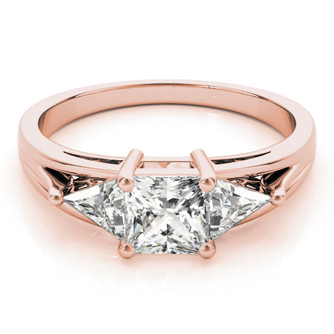 Rose gold Three-Stone Princess Cut Diamond Ring with Trillion Side Stones on a Split Shank Band 1