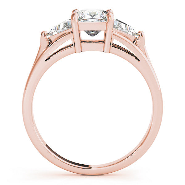 Rose gold Three-Stone Princess Cut Diamond Ring with Trillion Side Stones on a Split Shank Band 2