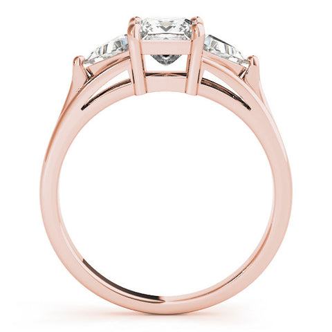 Rose gold Three-Stone Princess Cut Diamond Ring with Trillion Side Stones on a Split Shank Band 2