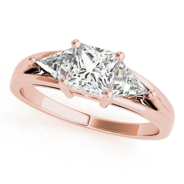 Rose gold Three-Stone Princess Cut Diamond Ring with Trillion Side Stones on a Split Shank Band