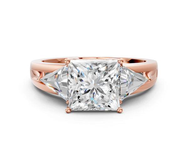 Rose gold Three-Stone Princess Cut Diamond Ring with Trillion Side Stones on a Split Shank Band