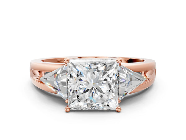 Rose Gold Princess Cut Trillion Three Stone Engagement Ring Setting
