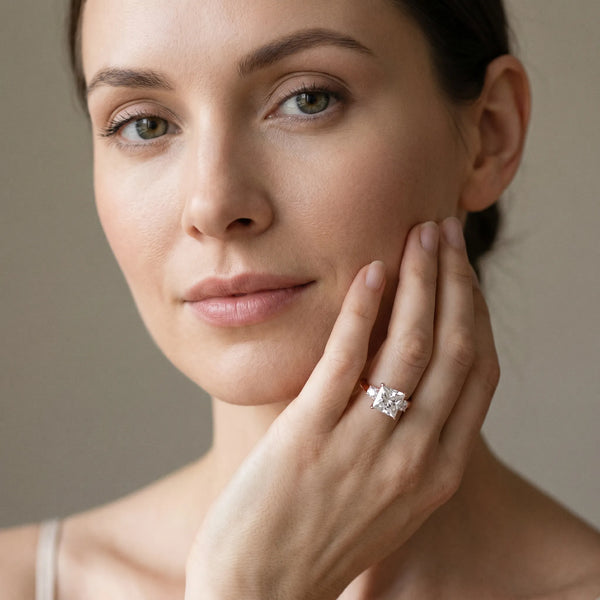 Rose gold Three-Stone Princess Cut Diamond Solitaire with Prong Setting and Classic Band
