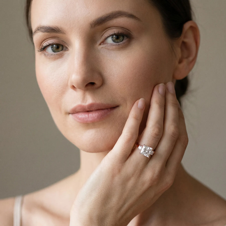 Rose gold Three-Stone Princess Cut Diamond Solitaire with Prong Setting and Classic Band