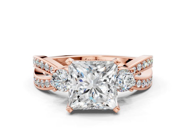 Rose Gold Princess Cut Three Stone Engagement Ring Setting with Graduated Pave Split Twist Band