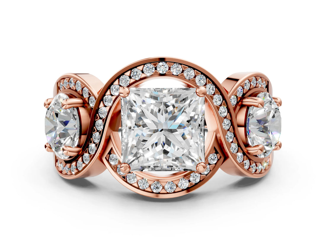 Rose gold Three-Stone Princess Cut Diamond Wave Pave Band with Prong Setting_15