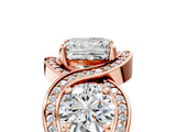 Rose gold Three-Stone Princess Cut Diamond Wave Pave Band with Prong Setting_20