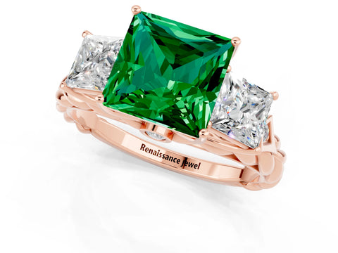 Rose gold Three-Stone Princess Cut Emerald Braided Band Ring with Four-Prong Setting_13