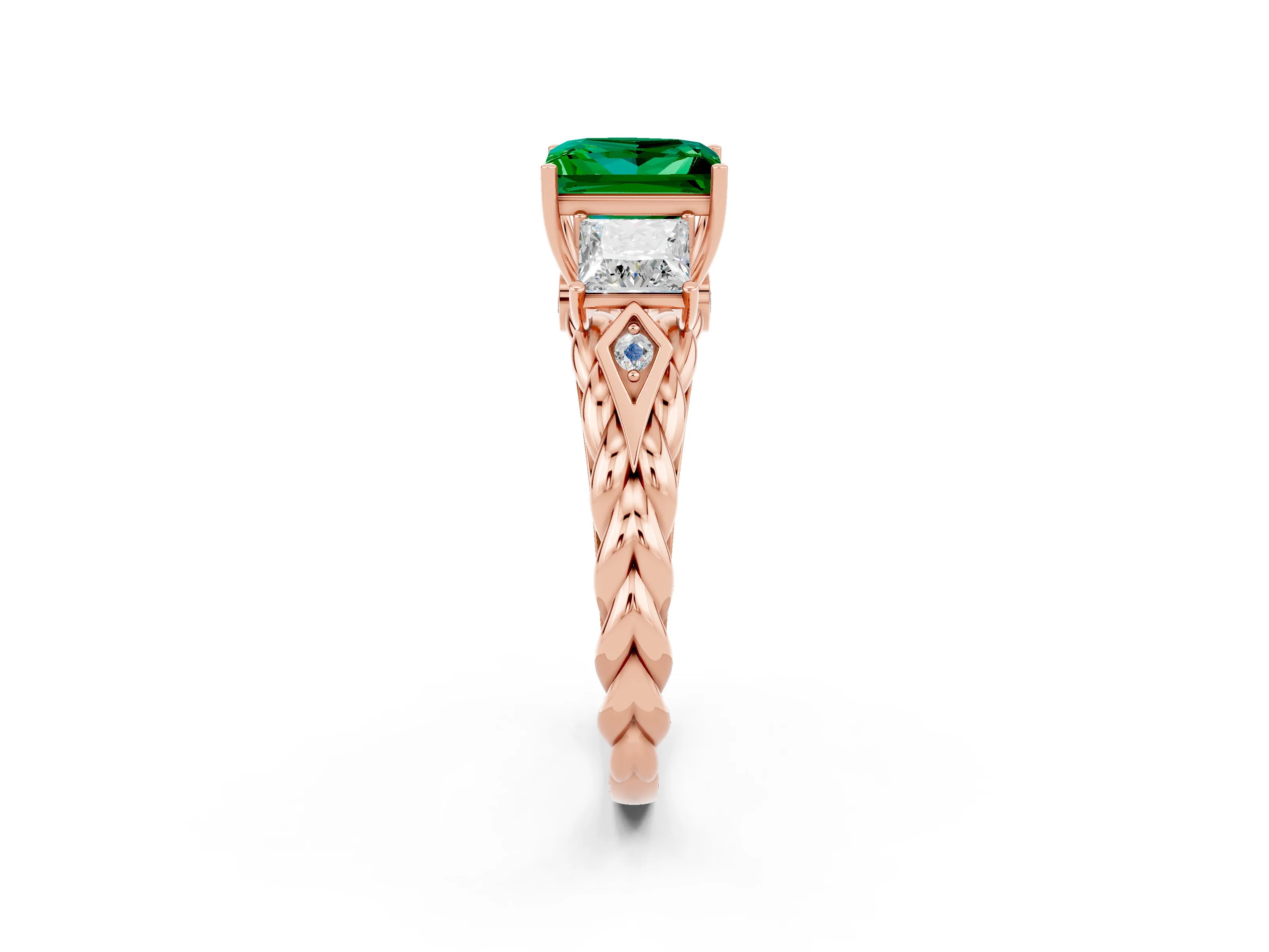 Rose gold Three-Stone Princess Cut Emerald Braided Band Ring with Four-Prong Setting_14