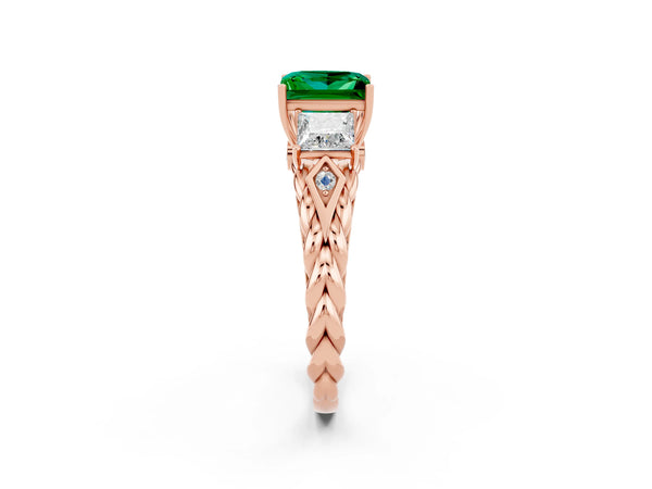 Rose gold Three-Stone Princess Cut Emerald Braided Band Ring with Four-Prong Setting