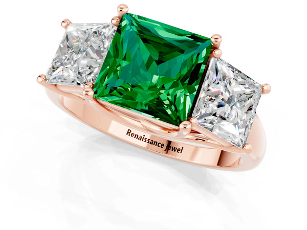 Rose gold Three-Stone Princess Cut Emerald Engagement Ring with Prong Setting