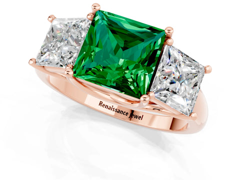Rose gold Three-Stone Princess Cut Emerald Engagement Ring with Prong Setting_1