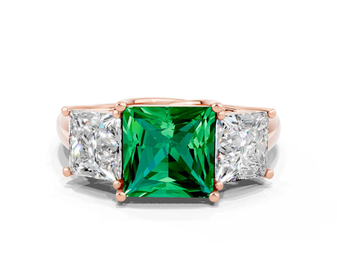 Rose gold Three-Stone Princess Cut Emerald Engagement Ring with Prong Setting