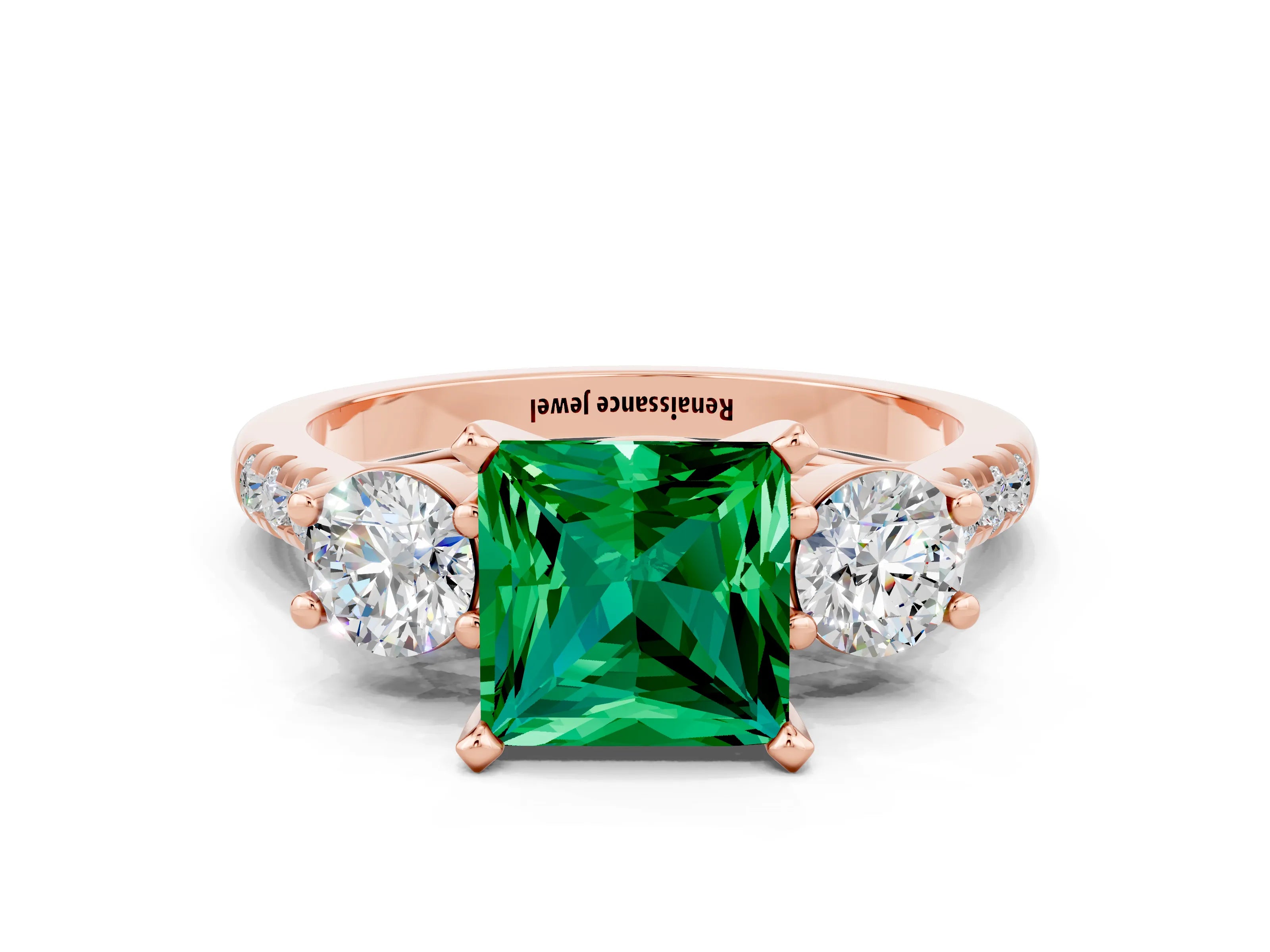 Rose gold Three-Stone Princess Cut Emerald Pavé Band with Four-Prong Setting