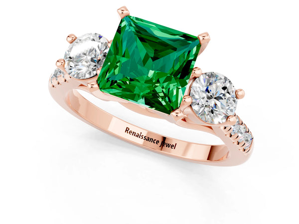 Rose gold Three-Stone Princess Cut Emerald Pavé Band with Four-Prong Setting