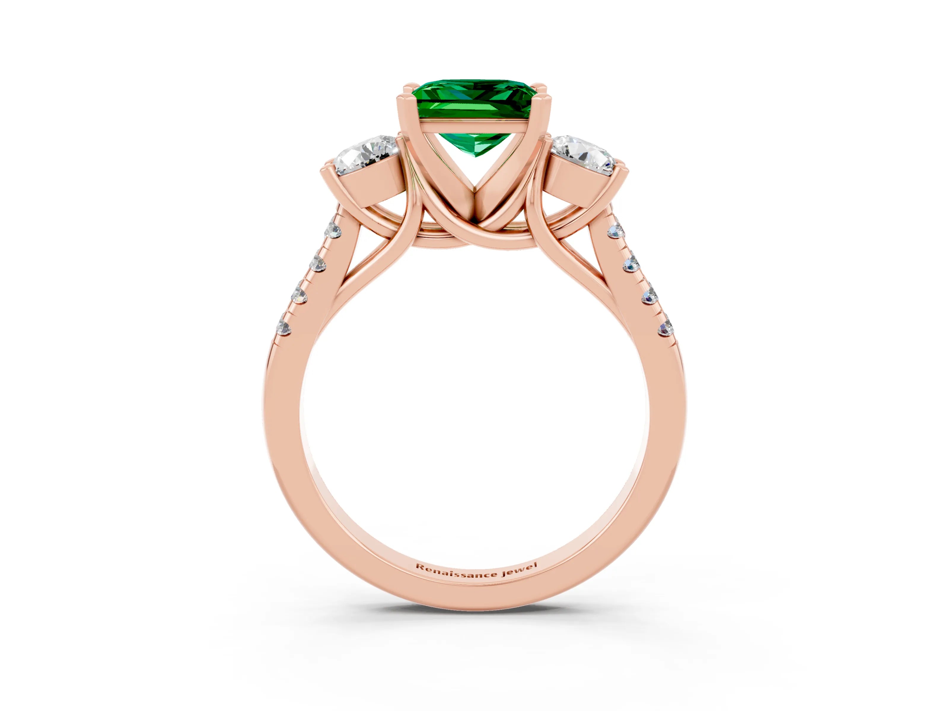 Rose gold Three-Stone Princess Cut Emerald Pavé Band with Four-Prong Setting_3