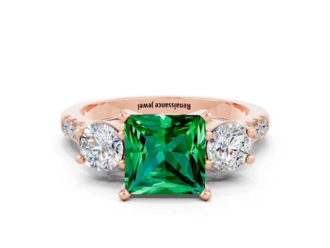 Rose gold Three-Stone Princess Cut Emerald Pavé Band with Four-Prong Setting
