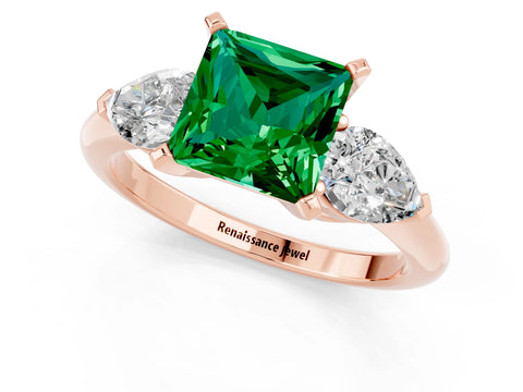 Rose gold Three-Stone Princess Cut Emerald Ring with Pear Side Stones and Four-Prong Setting_1