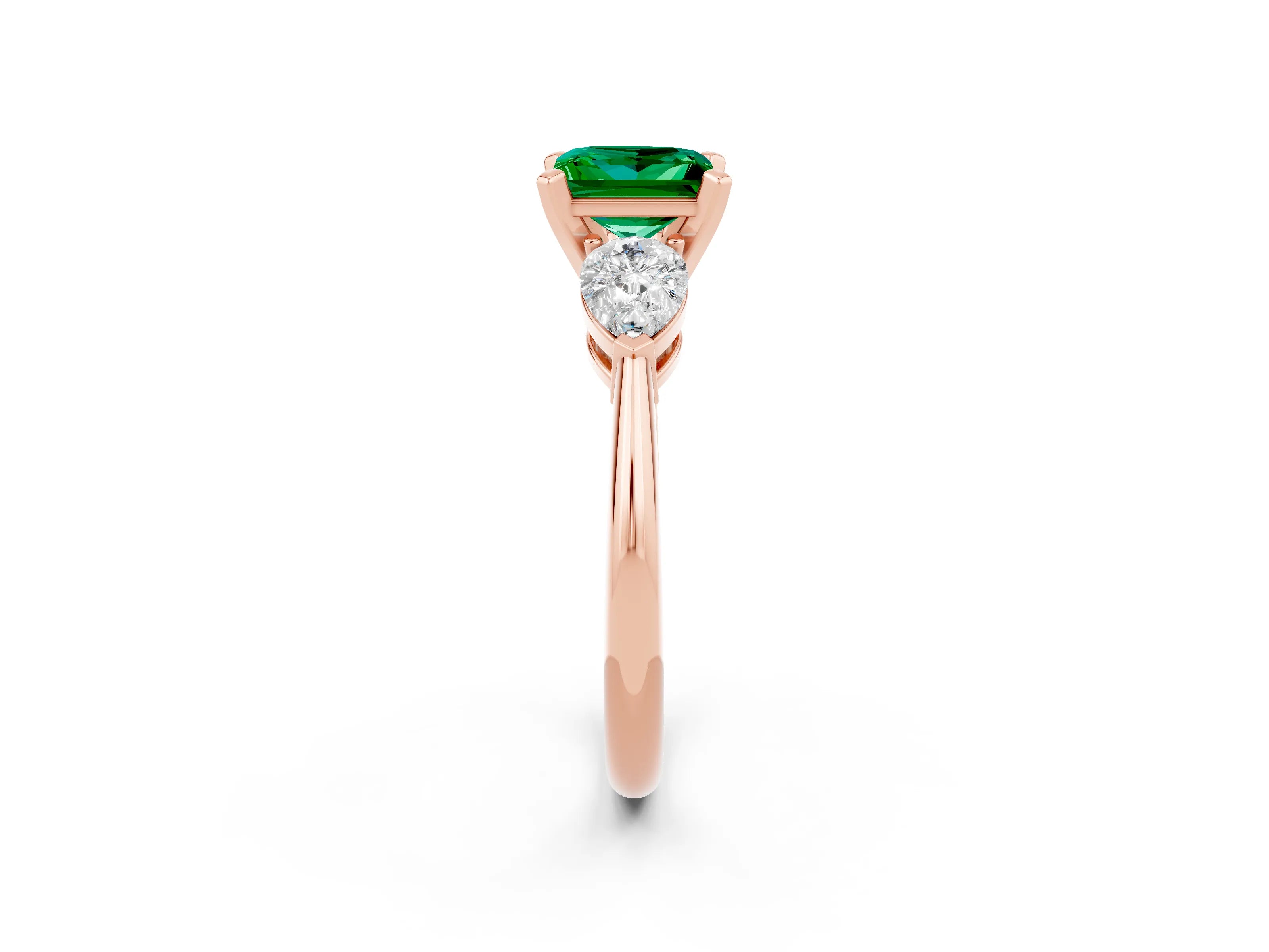 Rose gold Three-Stone Princess Cut Emerald Ring with Pear Side Stones and Four-Prong Setting_2