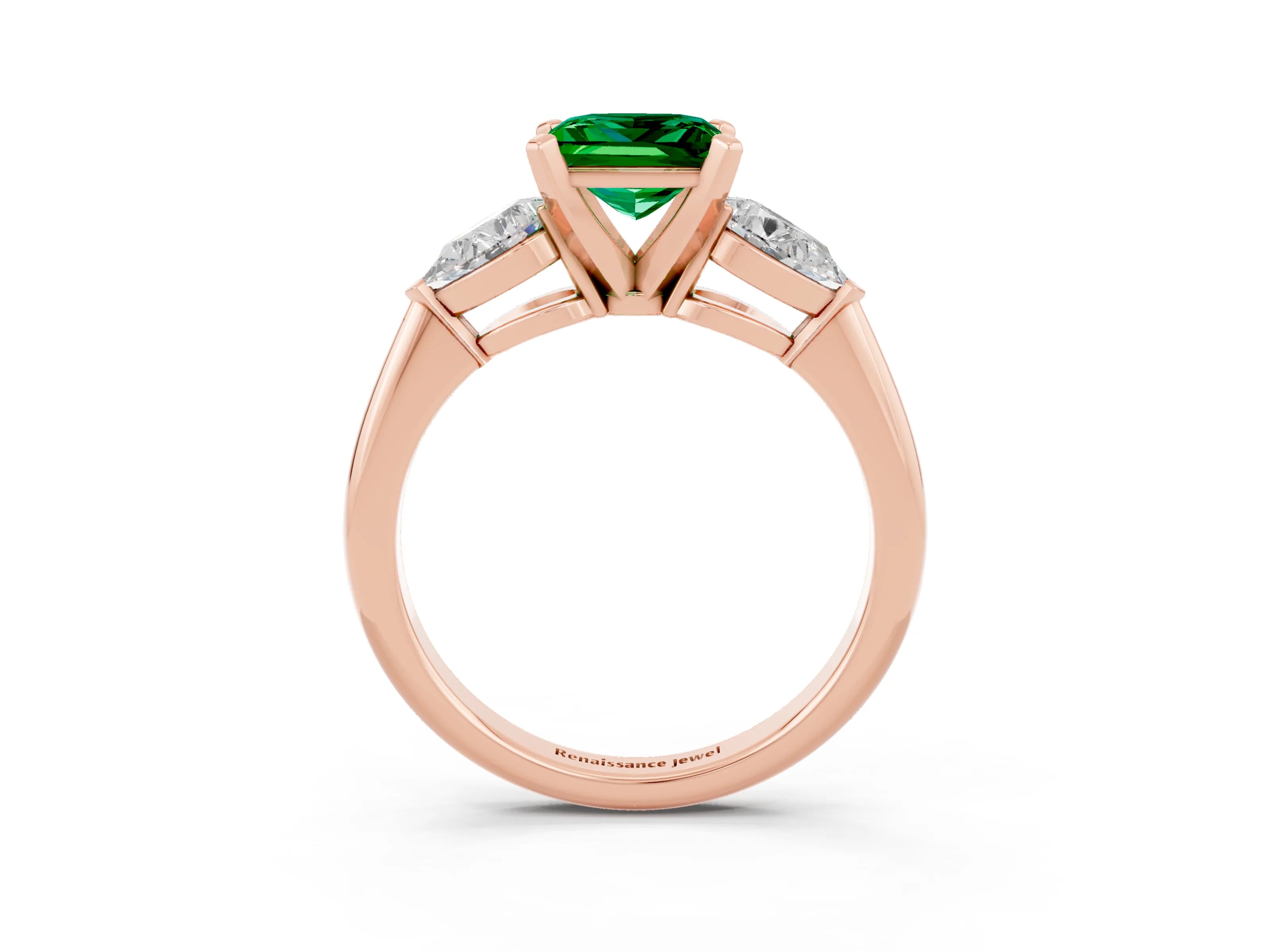 Rose gold Three-Stone Princess Cut Emerald Ring with Pear Side Stones and Four-Prong Setting_3