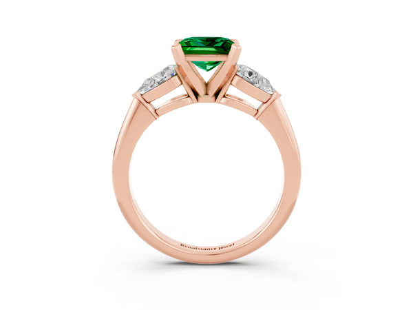 Rose gold Three-Stone Princess Cut Emerald Ring with Pear Side Stones and Four-Prong Setting