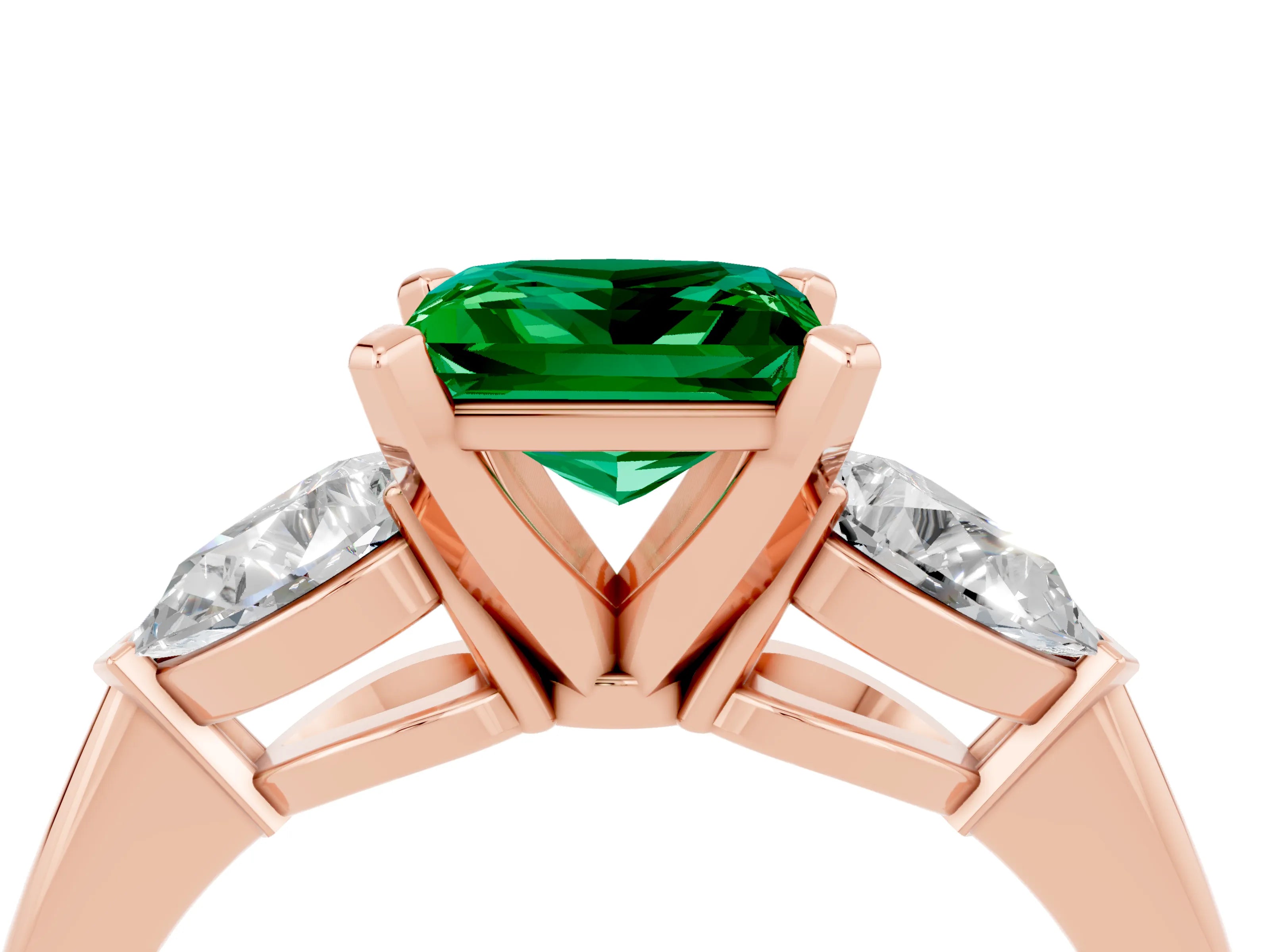 Rose gold Three-Stone Princess Cut Emerald Ring with Pear Side Stones and Four-Prong Setting_4