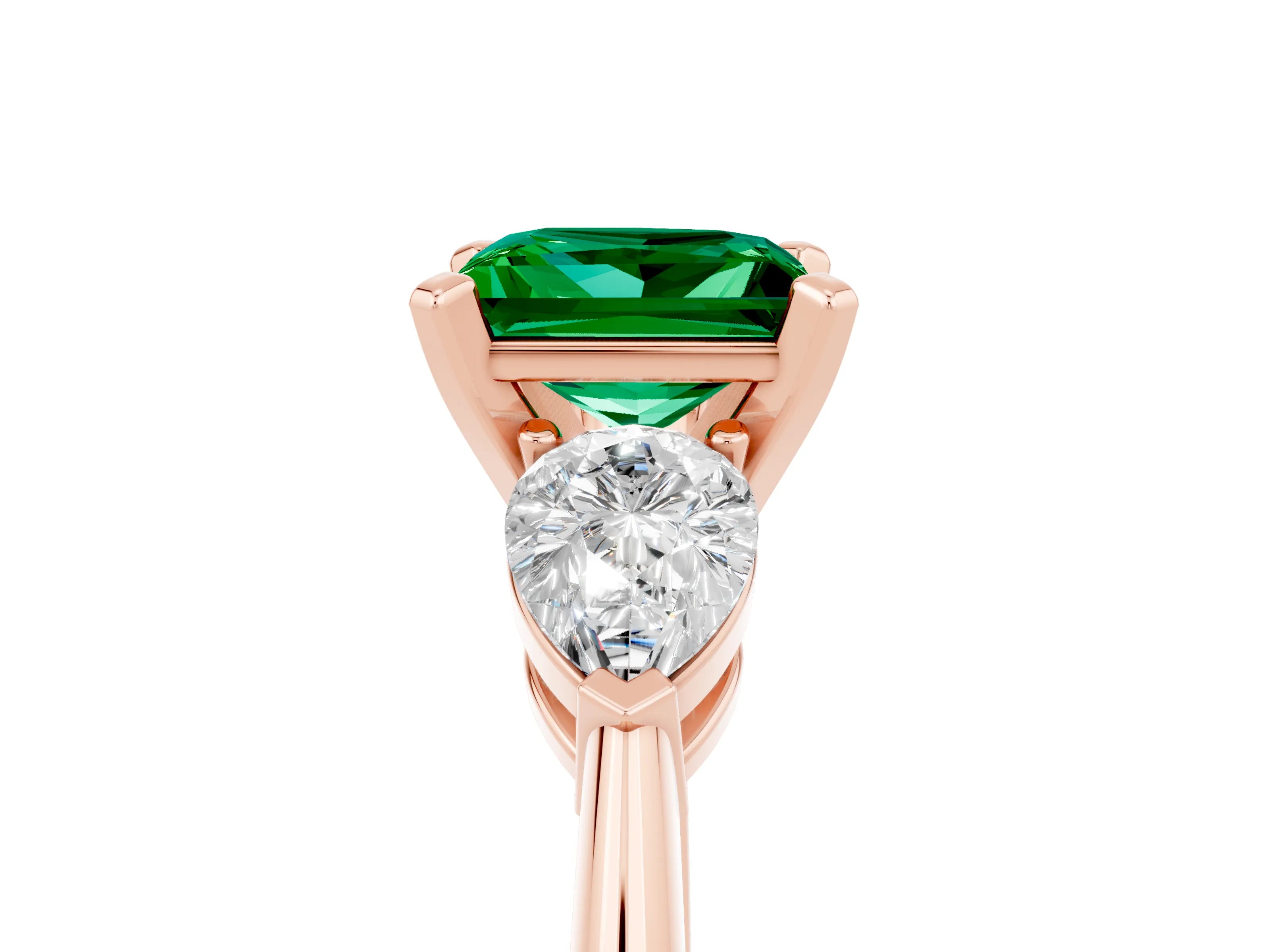 Rose gold Three-Stone Princess Cut Emerald Ring with Pear Side Stones and Four-Prong Setting_5