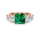 Rose gold Three-Stone Princess Cut Emerald Ring with Pear  Side Stones in Four-Prong Setting_12