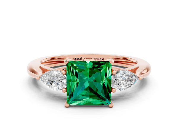 Rose gold Three-Stone Princess Cut Emerald Ring with Pear  Side Stones in Four-Prong Setting