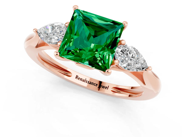 Rose gold Three-Stone Princess Cut Emerald Ring with Pear  Side Stones in Four-Prong Setting