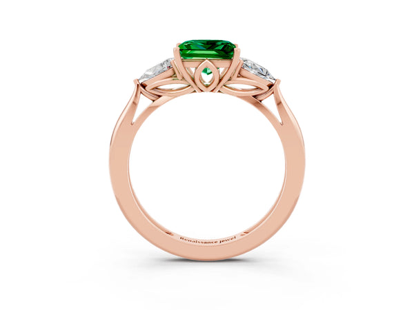 Rose gold Three-Stone Princess Cut Emerald Ring with Pear  Side Stones in Four-Prong Setting