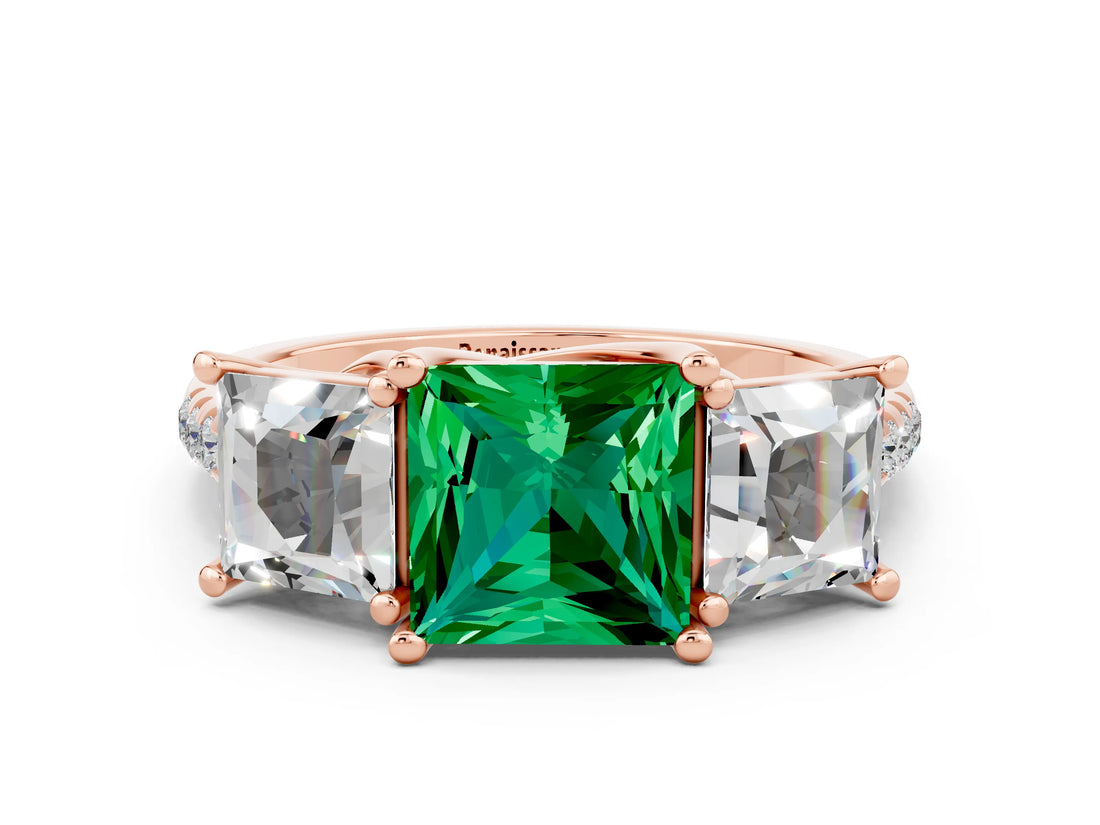 Rose gold Three-Stone Princess Cut Emerald Ring with Round  Pavé Band and Prong Setting_12