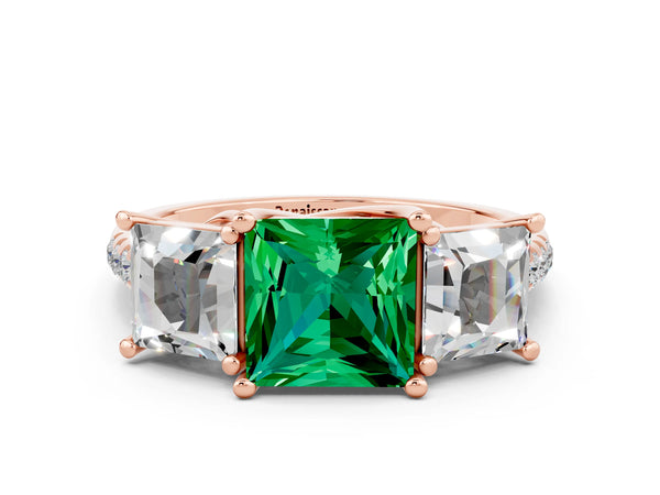 Rose gold Three-Stone Princess Cut Emerald Ring with Round  Pavé Band and Prong Setting