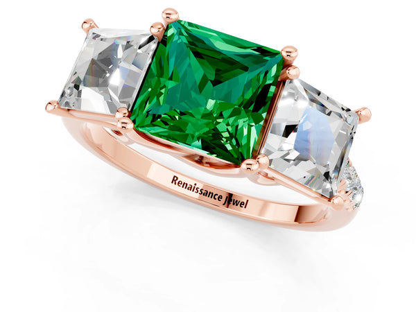 Rose gold Three-Stone Princess Cut Emerald Ring with Round  Pavé Band and Prong Setting
