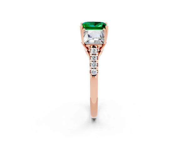 Rose gold Three-Stone Princess Cut Emerald Ring with Round  Pavé Band and Prong Setting