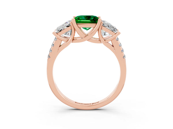 Rose gold Three-Stone Princess Cut Emerald Ring with Round  Pavé Band and Prong Setting