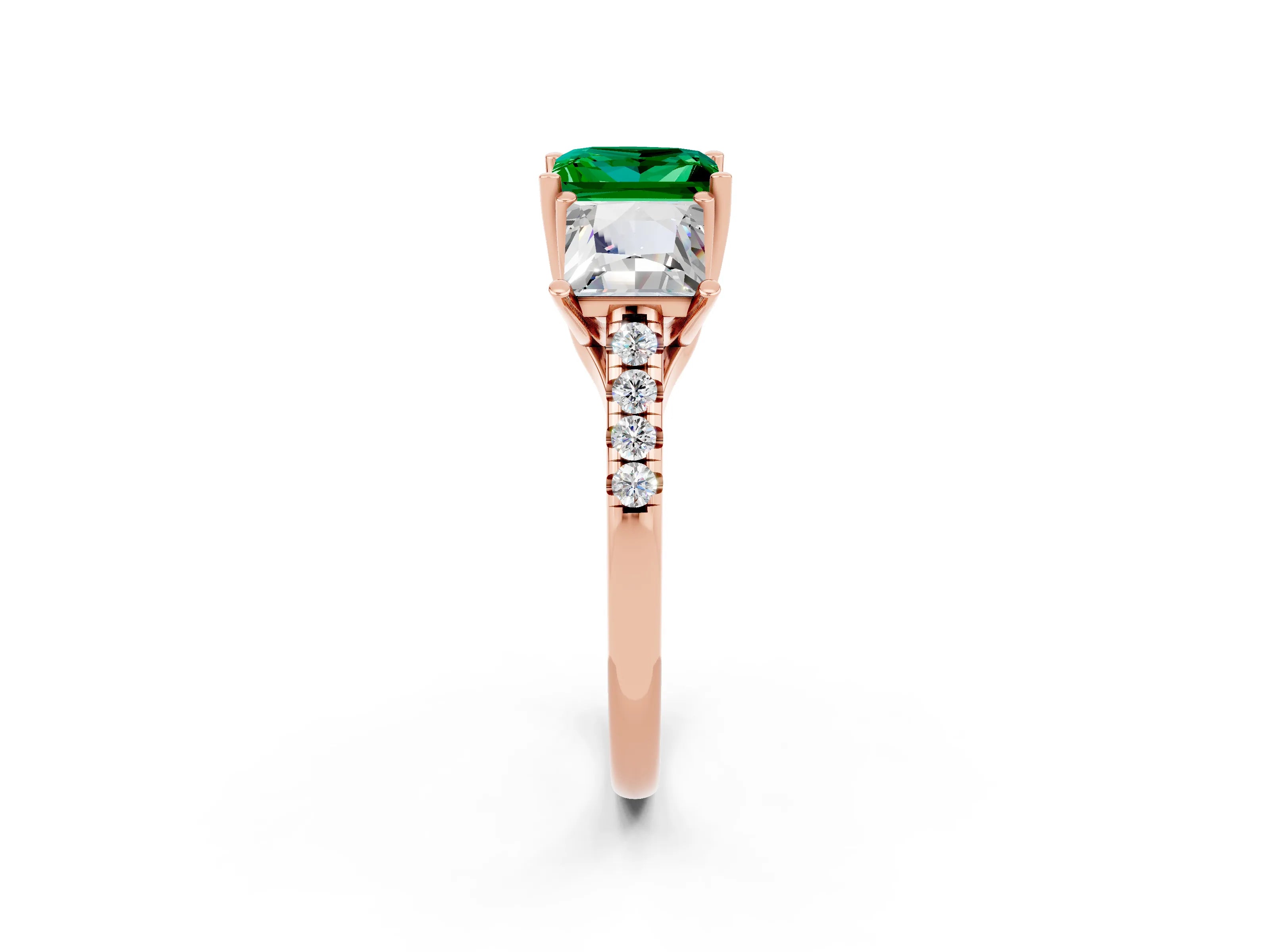 Rose gold Three-Stone Princess Cut Emerald Ring with Round  Pavé Band and Prong Setting_38