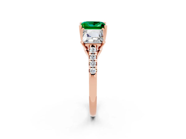 Rose gold Three-Stone Princess Cut Emerald Ring with Round  Pavé Band and Prong Setting