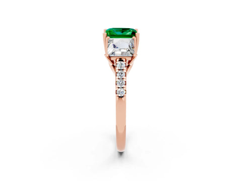 Rose gold Three-Stone Princess Cut Emerald Ring with Round  Pavé Band and Prong Setting_38