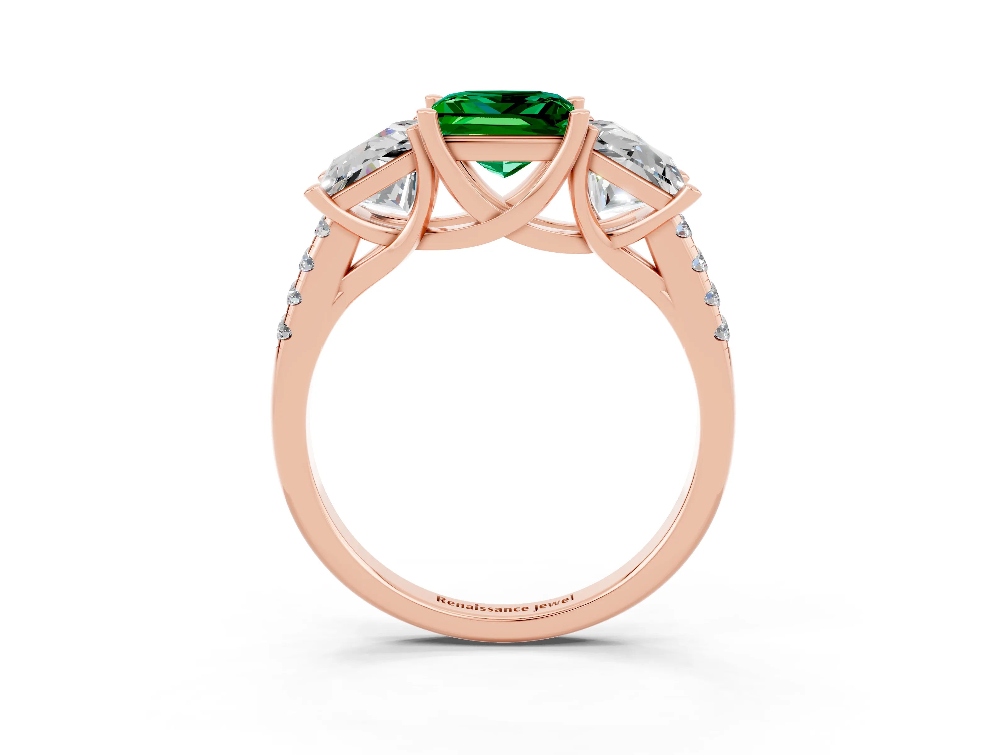 Rose gold Three-Stone Princess Cut Emerald Ring with Round  Pavé Band and Prong Setting_39