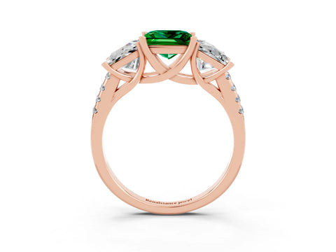 Rose gold Three-Stone Princess Cut Emerald Ring with Round  Pavé Band and Prong Setting_39