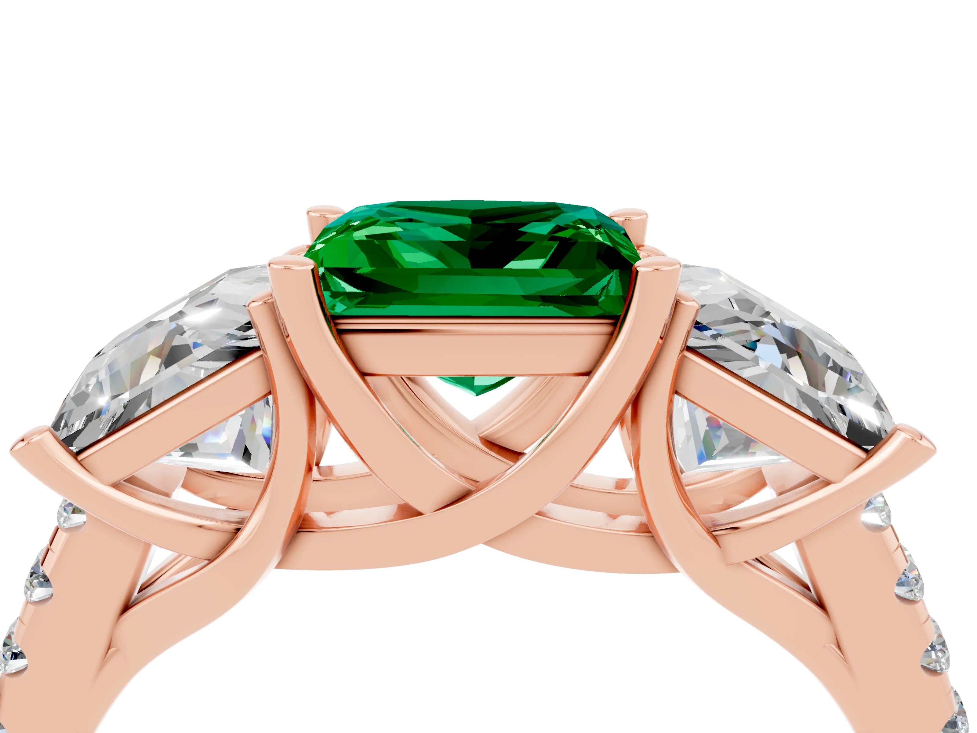 Rose gold Three-Stone Princess Cut Emerald Ring with Round  Pavé Band and Prong Setting_40