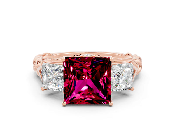 Rose gold Three-Stone Princess Cut Garnet Braided Band Ring with Four-Prong Setting