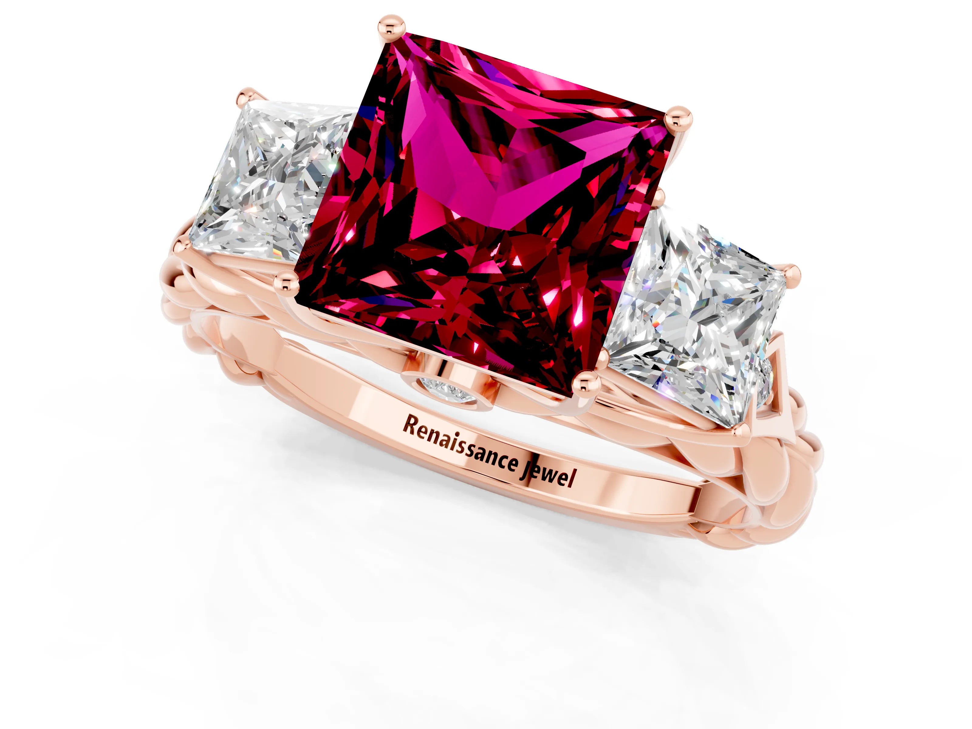 Rose gold Three-Stone Princess Cut Garnet Braided Band Ring with Four-Prong Setting_37