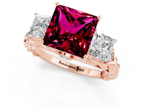 Rose gold Three-Stone Princess Cut Garnet Braided Band Ring with Four-Prong Setting_37