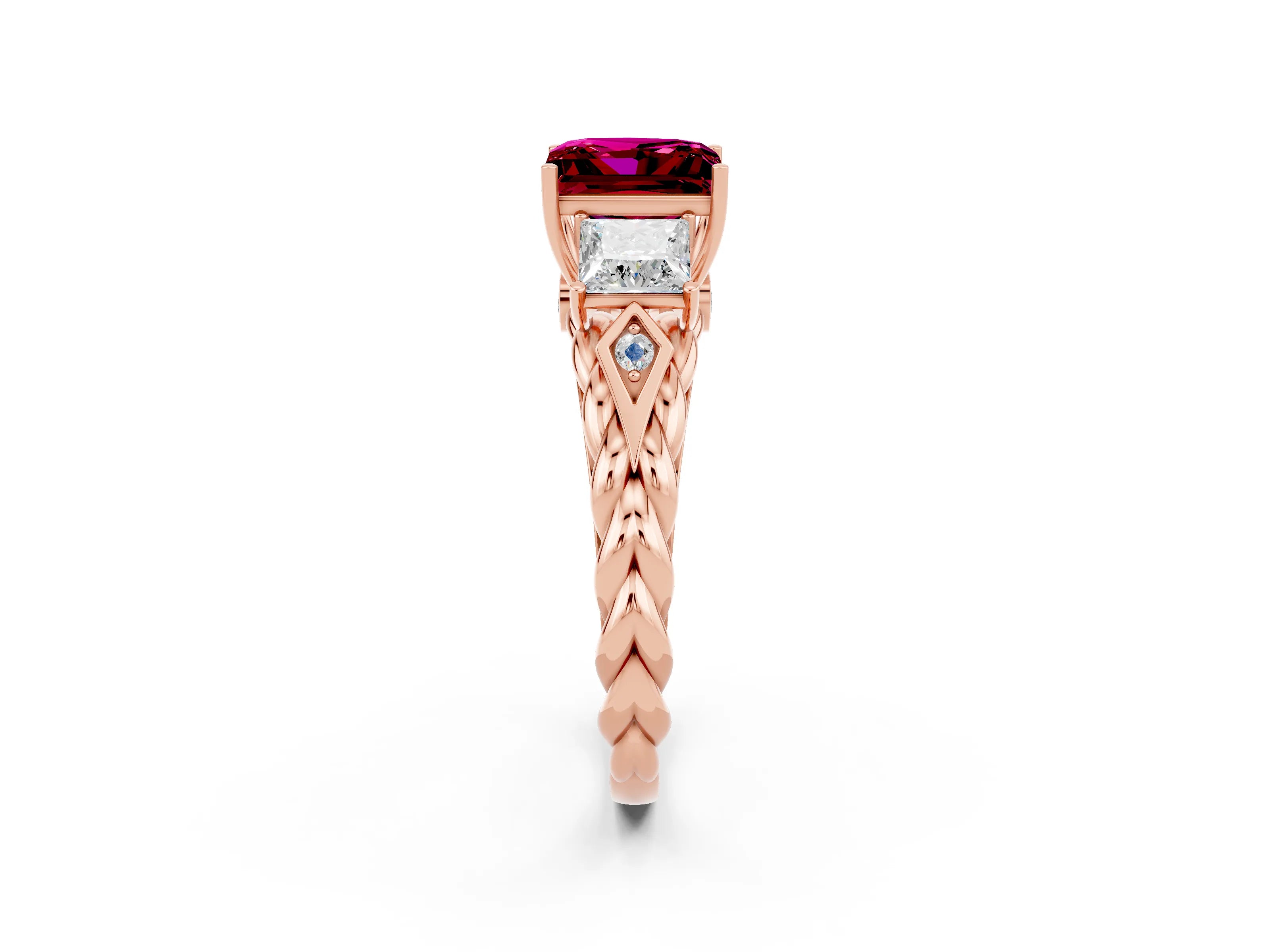 Rose gold Three-Stone Princess Cut Garnet Braided Band Ring with Four-Prong Setting_38