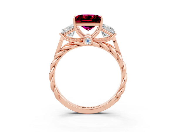 Rose gold Three-Stone Princess Cut Garnet Braided Band Ring with Four-Prong Setting