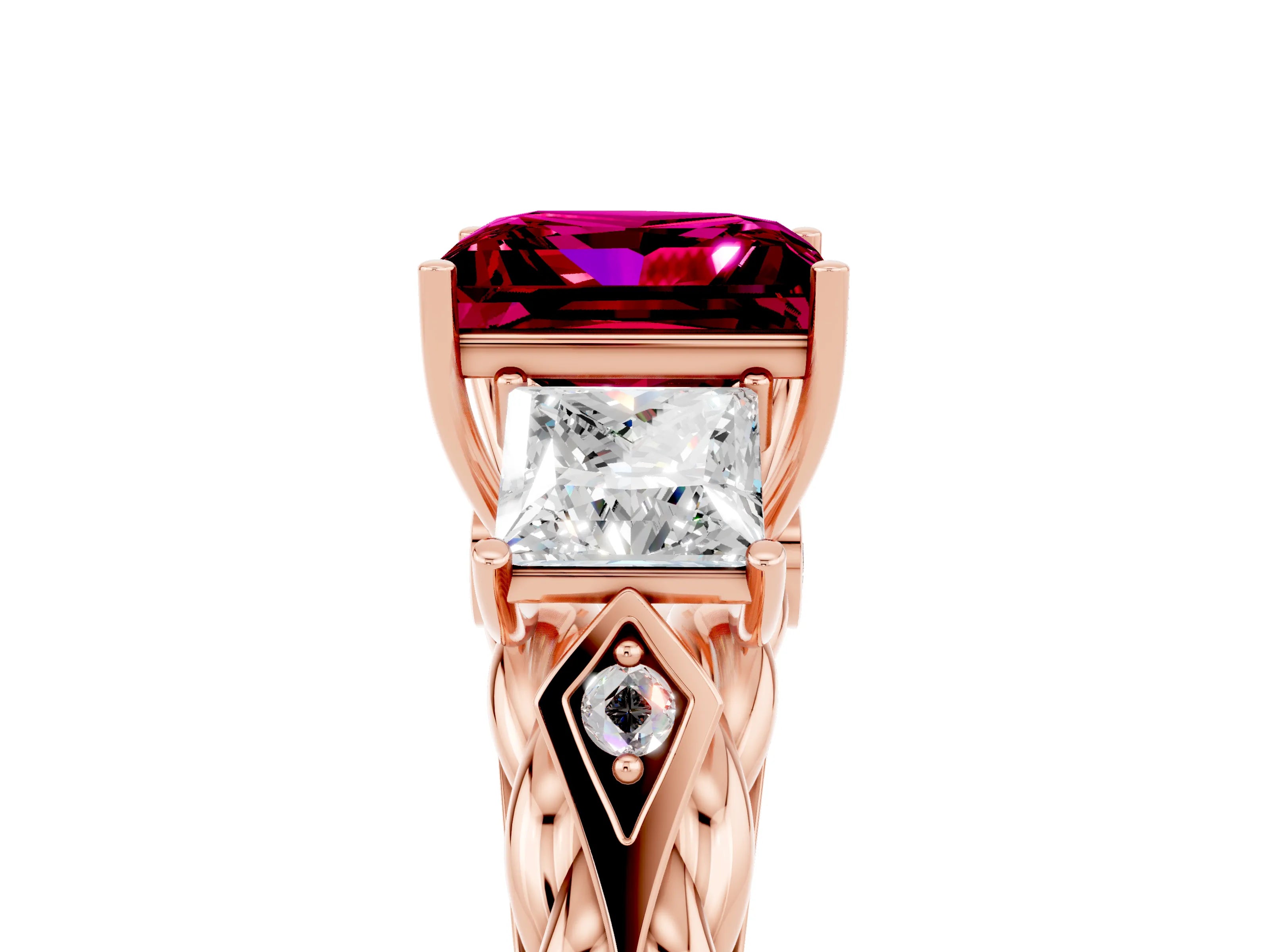 Rose gold Three-Stone Princess Cut Garnet Braided Band Ring with Four-Prong Setting_41