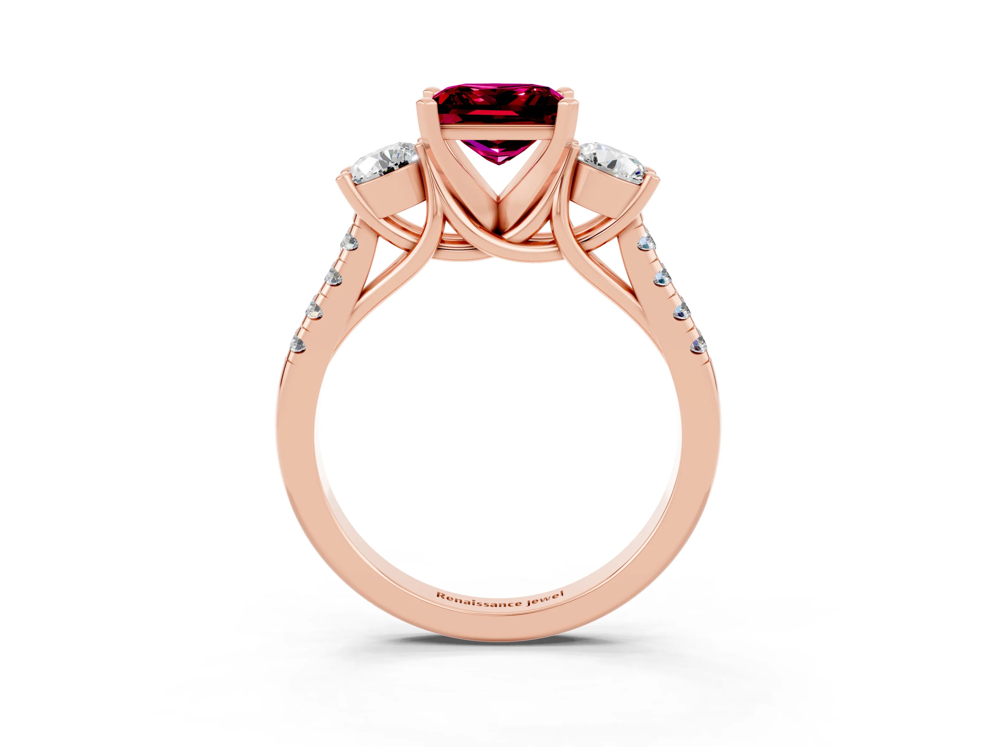Rose gold Three-Stone Princess Cut Garnet Pavé Band with Four-Prong Setting_3