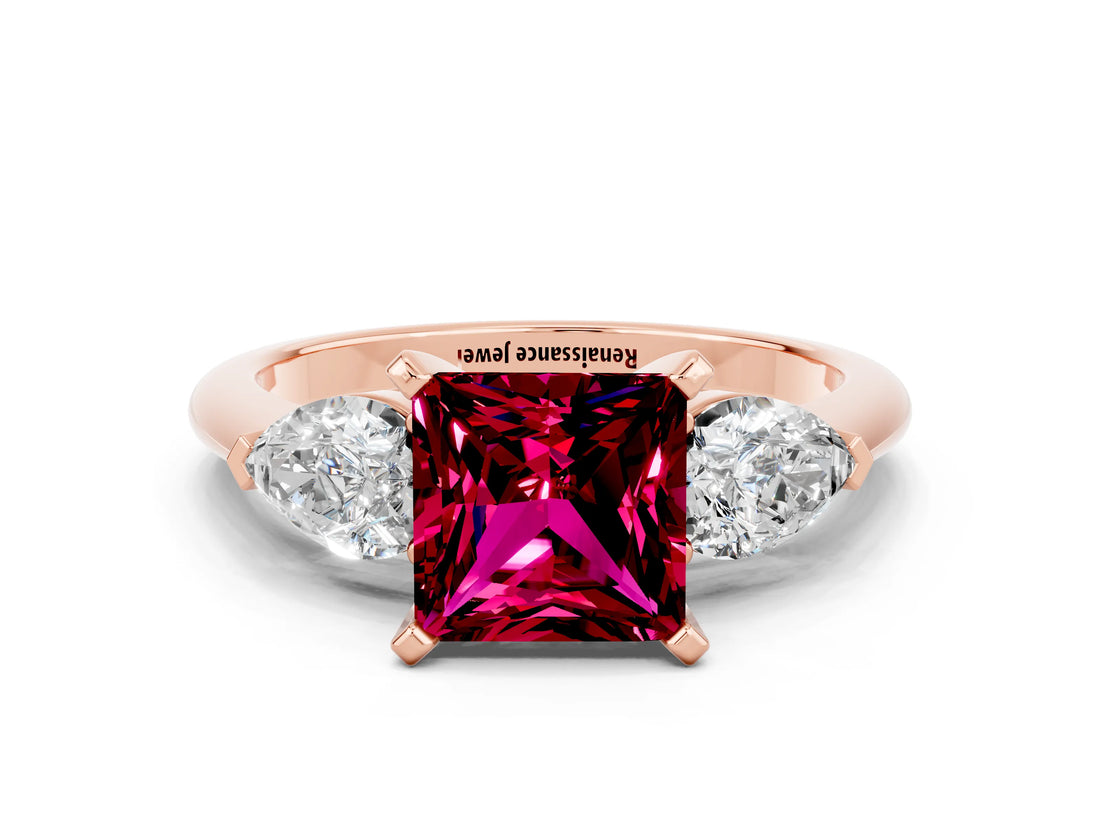 Rose gold Three-Stone Princess Cut Garnet Ring with Pear Side Stones and Four-Prong Setting